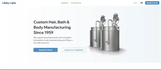 Libby Labs website screenshot showing custom hair bath and body manufacturing with formulation and filling support