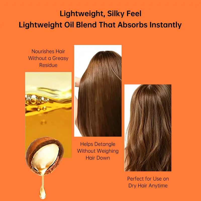 Lightweight silky hair oil blend that absorbs instantly and nourishes dry hair without greasy residue