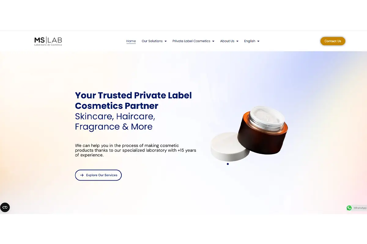 Screenshot of MS LAB Cosmetics, a Barcelona-based private label cosmetics laboratory supporting haircare and skincare development