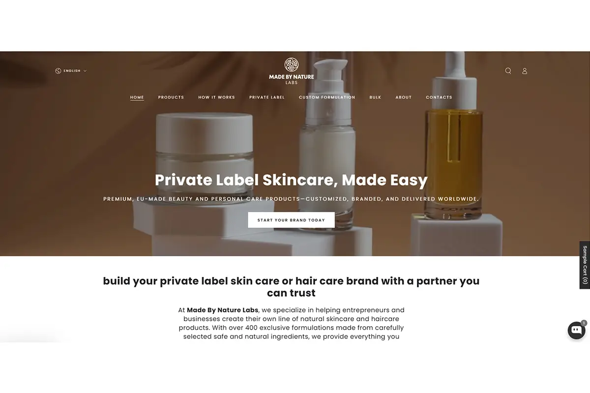 Made By Nature Labs website showing private label natural skincare haircare and body care product development