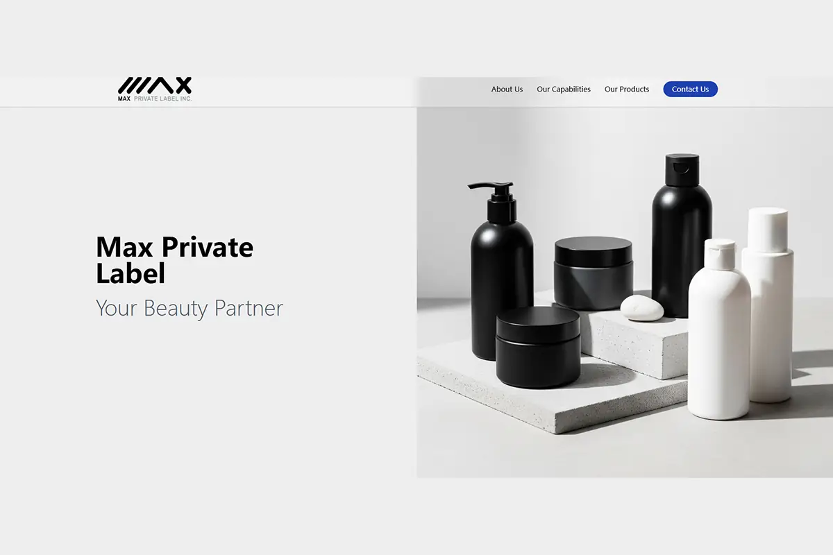 Max Private Label website showing cosmetic and personal care private label manufacturing and filling services