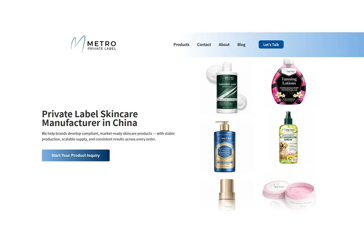 Screenshot of Metro Private Label official website showing skincare manufacturing and private label serum development services