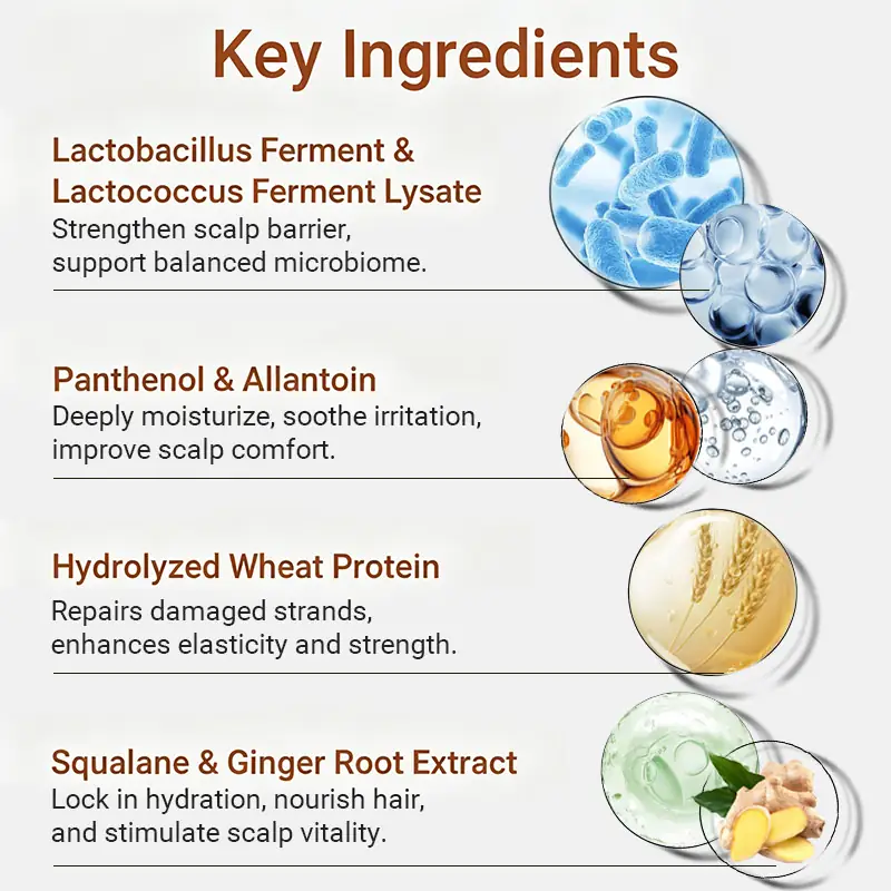 Key ingredients for microbiome balance strengthening conditioner with ferment lysates panthenol allantoin hydrolyzed wheat protein squalane and ginger root extract