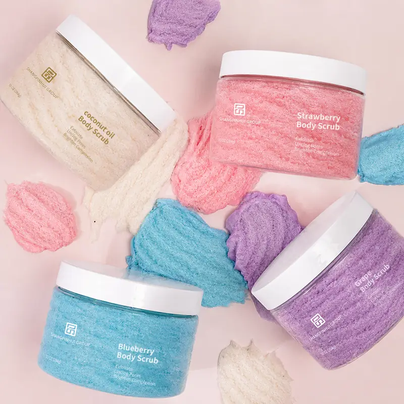 Private label multi scent body scrub collection with strawberry coconut blueberry and grape options