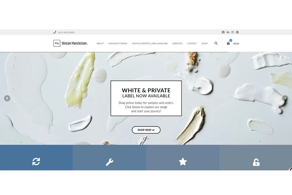Screenshot of My Skincare Manufacturer official website showing Australian skincare contract manufacturing, low MOQ support, ISO 22716 cosmetic GMP and private label skincare production