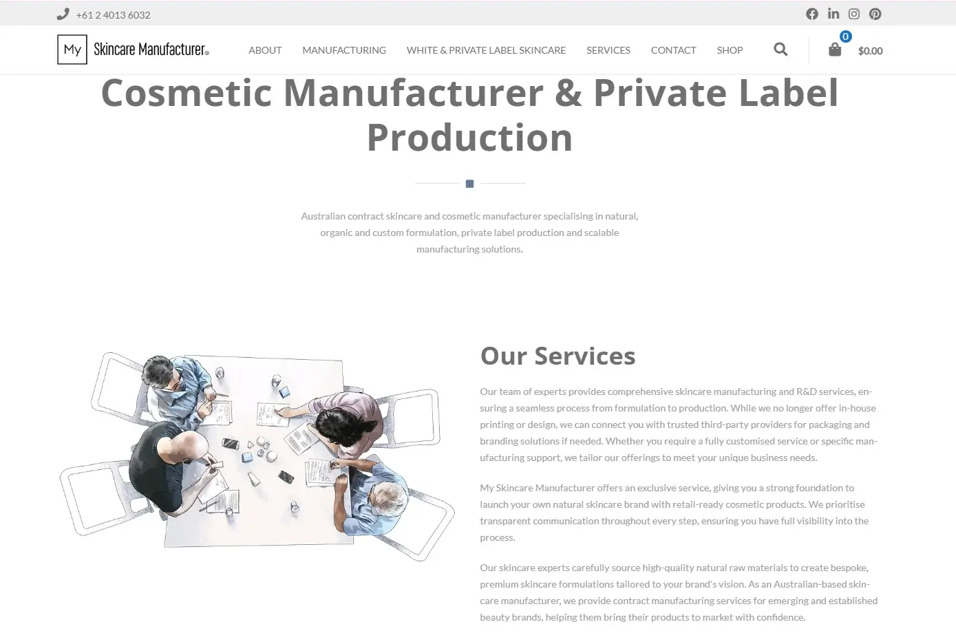 My Skincare Manufacturer website screenshot showing Australian cosmetic manufacturer and private label skincare production services