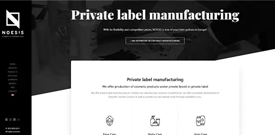 NOESIS Cosmetics website screenshot showing private label cosmetic manufacturing and hair care product categories in Europe