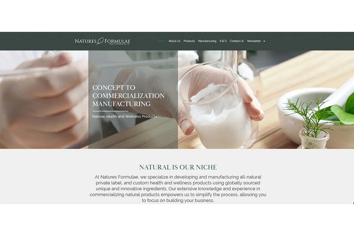 Screenshot of Natures Formulae official website showing natural private label manufacturing, custom formulation bases, hair care, body care, face care and wellness product development