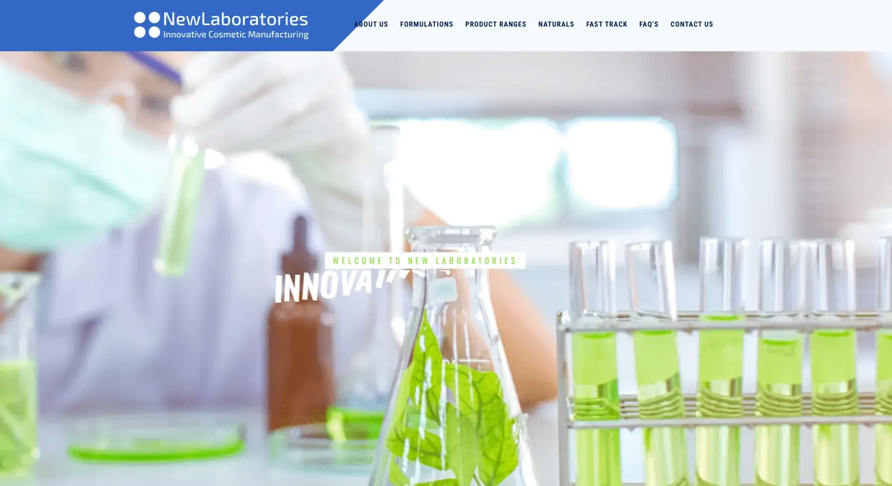New Laboratories website screenshot showing Australian cosmetic manufacturing and skincare formulation laboratory services