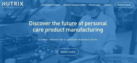 Nutrix website screenshot showing private label personal care manufacturing and contract manufacturing services
