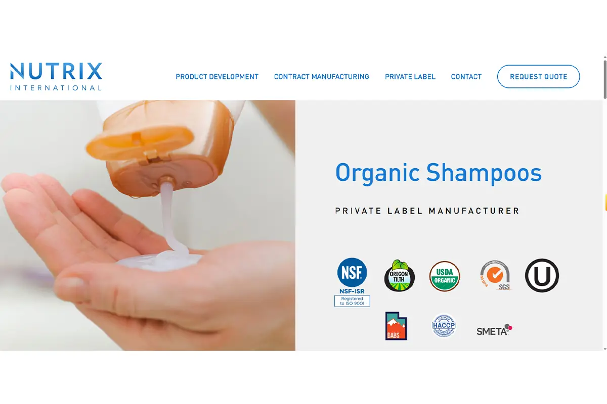 Nutrix USA website showing private label organic shampoo and hair care manufacturing services
