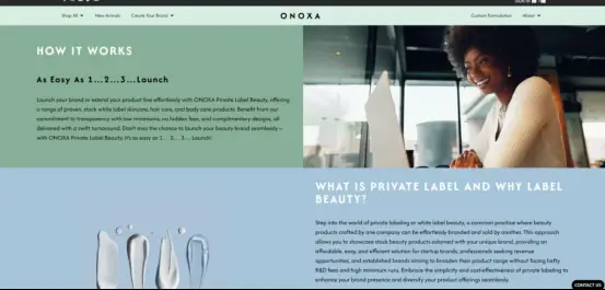 Onoxa private label skincare website showing launch process and white label beauty product information