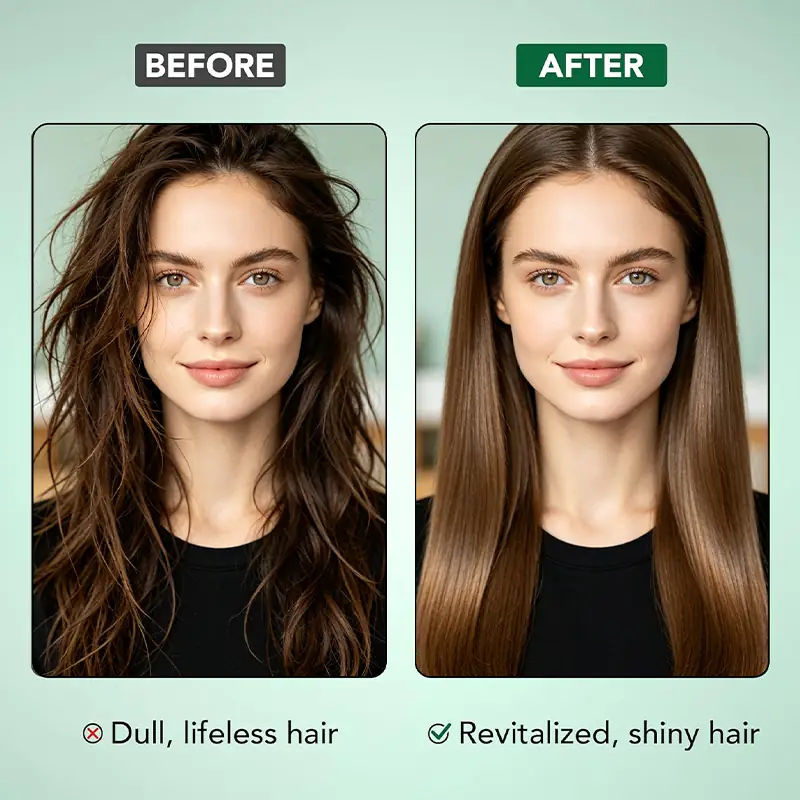 Before and after concept showing dull hair transformed into smoother shinier hair after peppermint shampoo use
