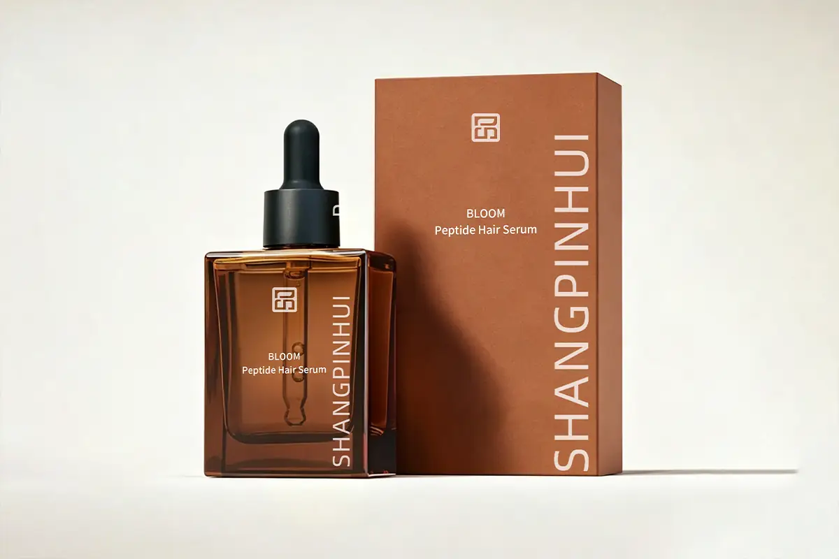 Peptide hair serum bottle and box packaging for private label oil-serum scalp treatment development