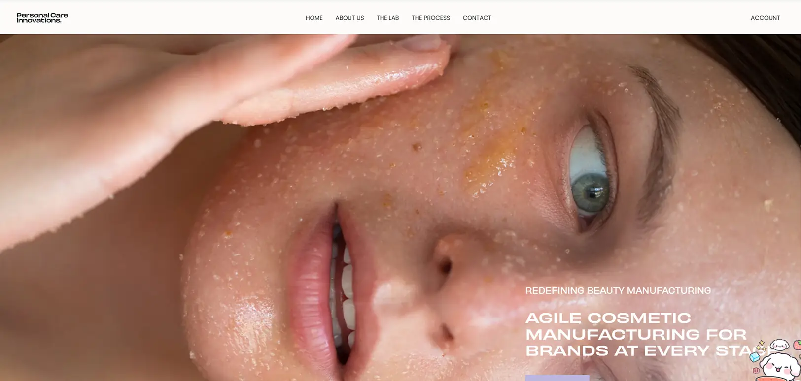 Personal Care Innovations website screenshot showing agile cosmetic manufacturing for skincare brands