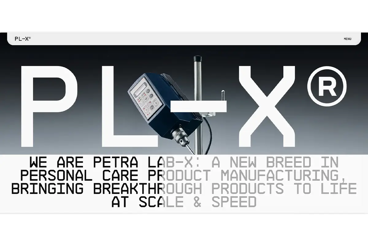 Screenshot of Petra Lab-X official website showing personal care contract manufacturing, hair care product development, skincare and cosmetic manufacturing services across Canada and the US