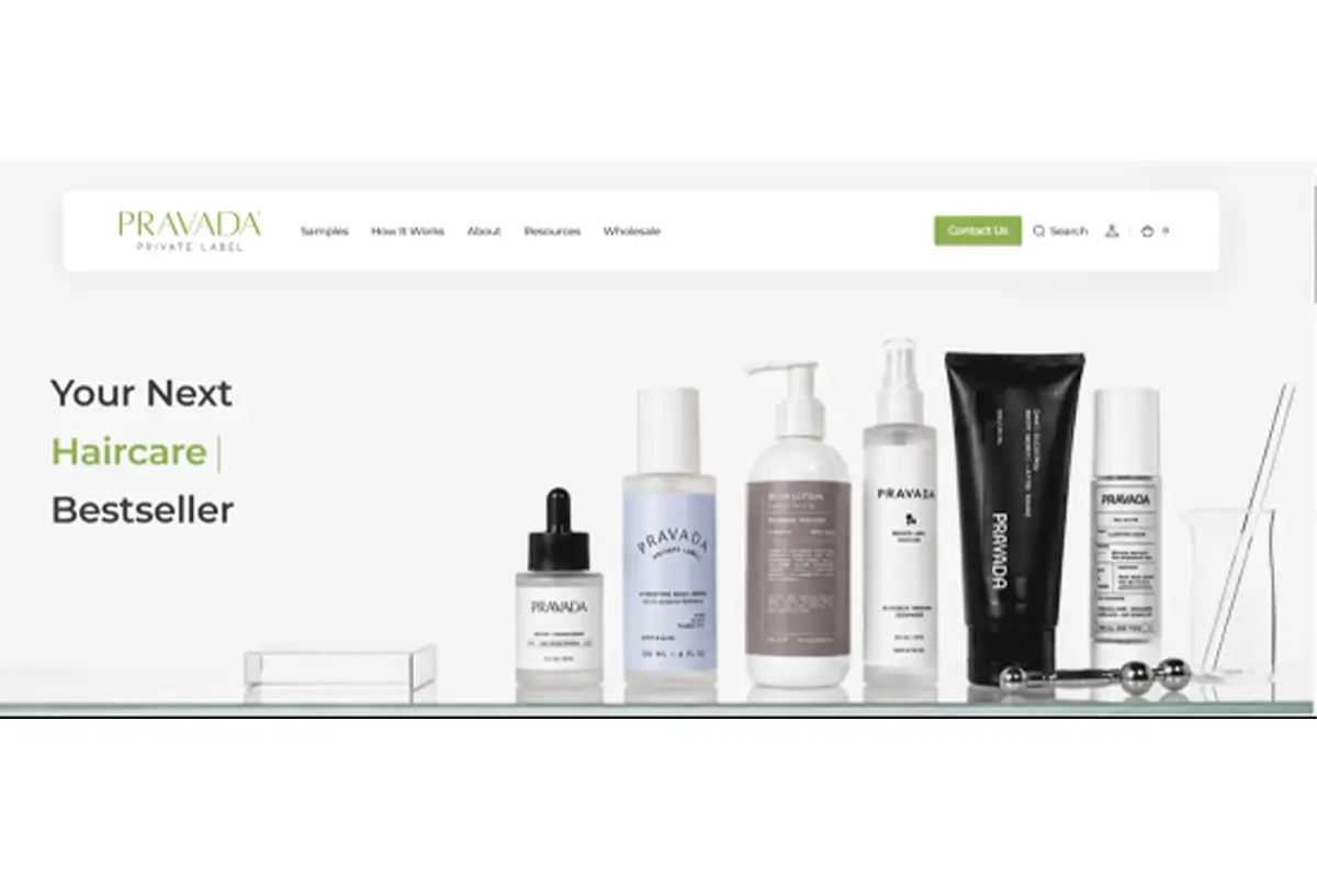 Screenshot of Pravada Private Label official website showing clean beauty private label skincare and serum manufacturing services