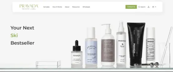 Pravada Private Label website screenshot showing skincare bottles and private label product display
