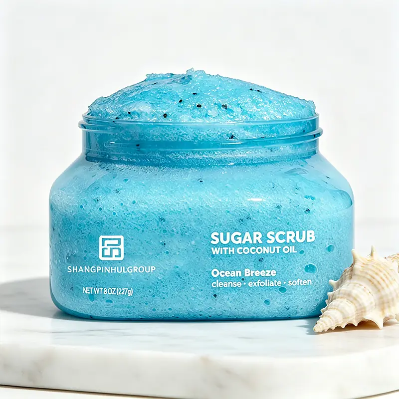 Private label coconut oil sugar body scrub in ocean breeze bathroom spa scene