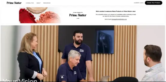 Prime Matter Labs website screenshot showing contract manufacturing team and personal care product development services