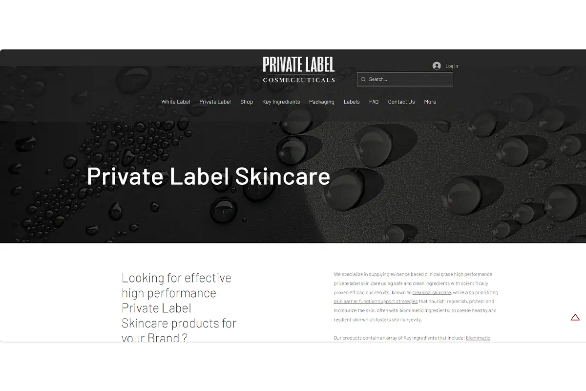 Screenshot of Private Label Cosmeceuticals Australia official website showing clinical-grade private label skincare, high-performance serums, anti-aging creams and cosmeceutical product positioning