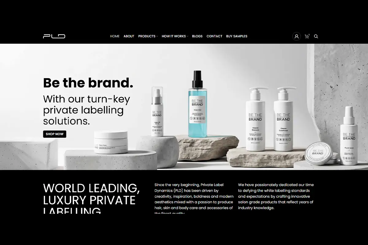 Private Label Dynamics website showing turn-key private label haircare skincare and lifestyle products