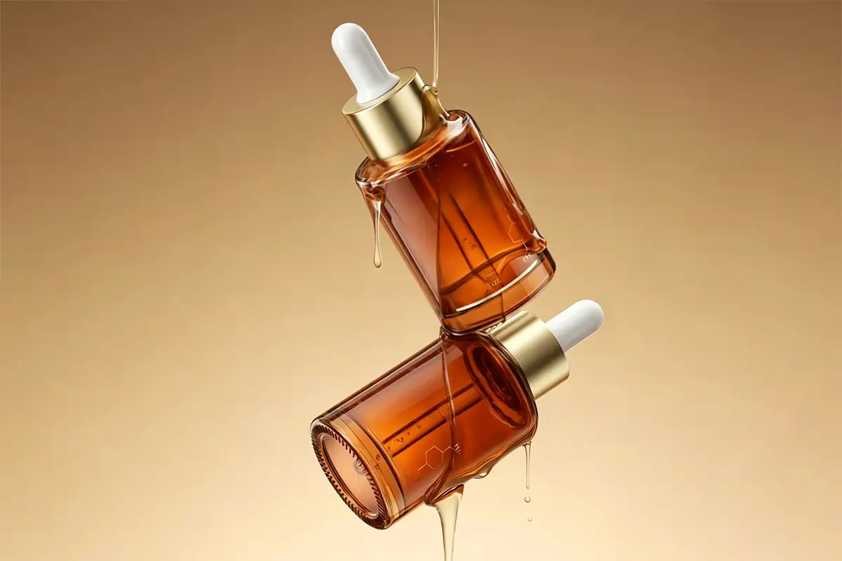 Private label face serum bottles with amber glass dropper packaging for OEM skincare manufacturing and custom serum development