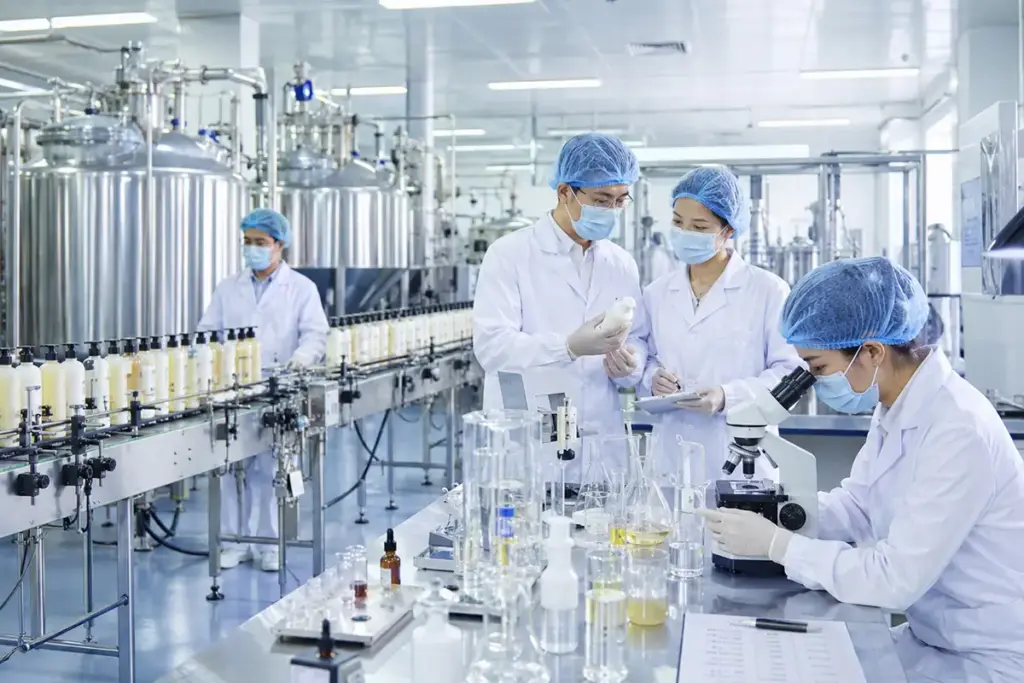 Hair care manufacturing facility with filling line and laboratory testing for private label shampoo and hair care production