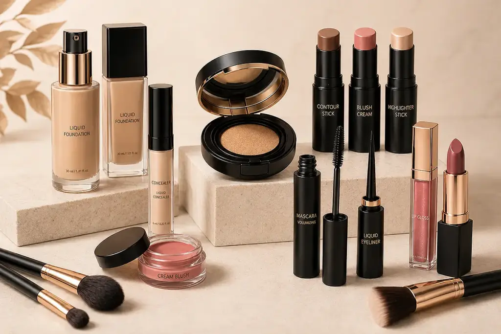 Private label makeup product range including foundation, concealer, cream blush, contour stick, highlighter stick, mascara, eyeliner, lip gloss, lipstick, and makeup brushes, representing makeup OEM manufacturing and beauty brand product development.
