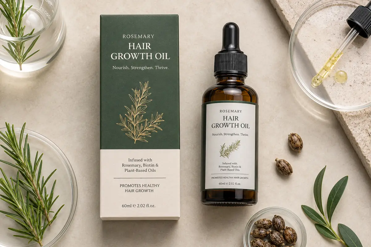 Private label rosemary hair growth oil bottle and packaging box with botanical ingredients and premium hair care branding