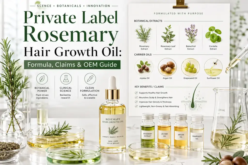Private label rosemary hair growth oil formula guide with botanical extracts, carrier oils, scalp care claims, and OEM development notes