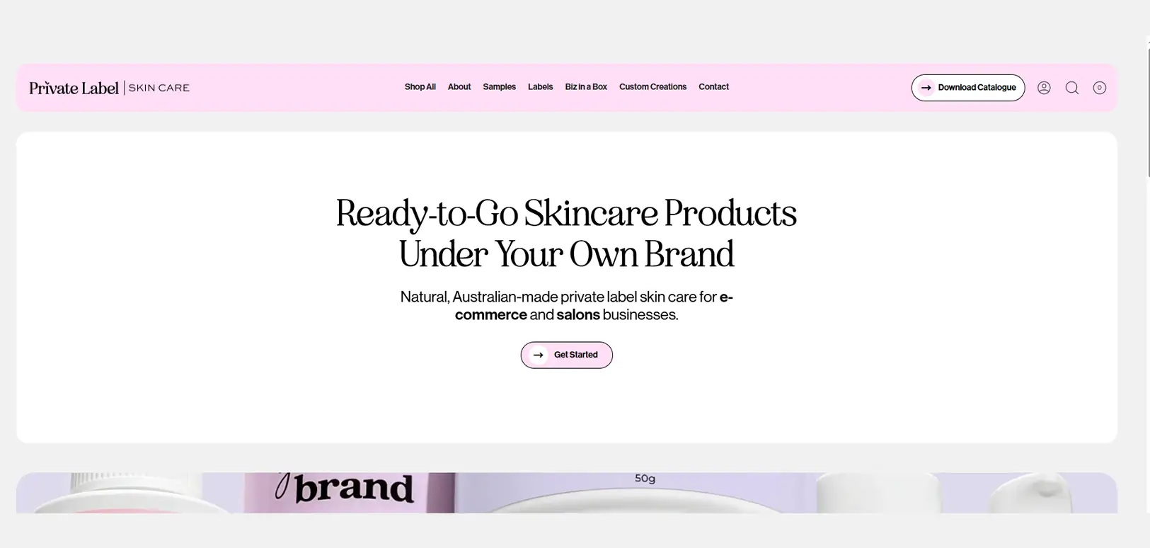 Private Label Skin Care website screenshot showing ready-to-go Australian-made private label skincare products