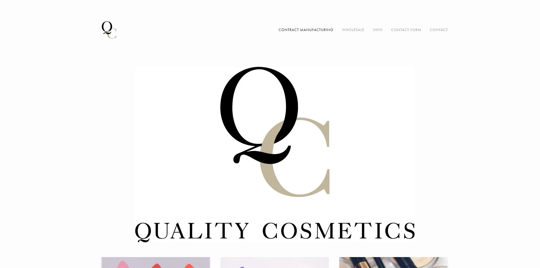 Screenshot of Quality Cosmetics website representing private label lip products, cosmetics manufacturing, custom labeling, and US-based beauty production