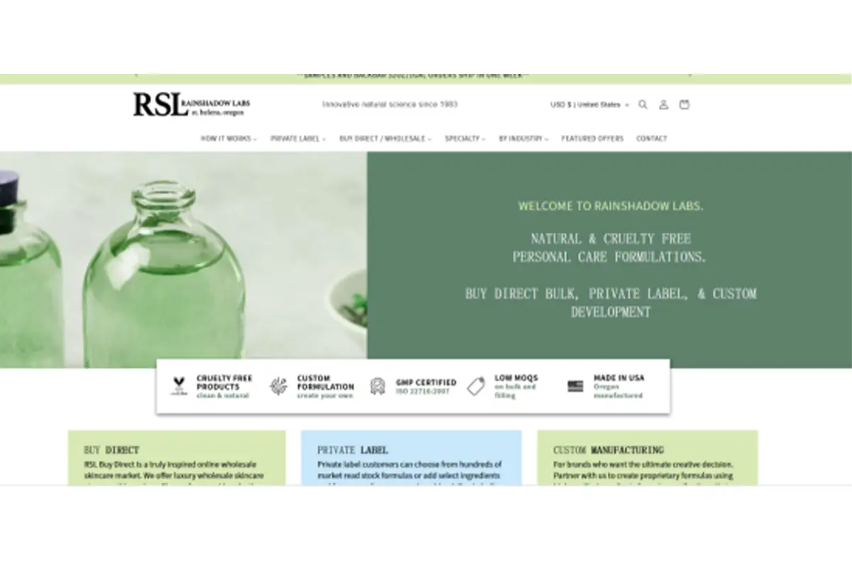 Screenshot of RainShadow Labs official website showing private label skincare, organic skincare, and custom formulation services