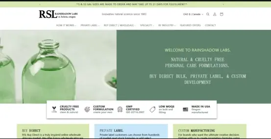 RainShadow Labs website screenshot showing natural private label skincare and custom manufacturing services