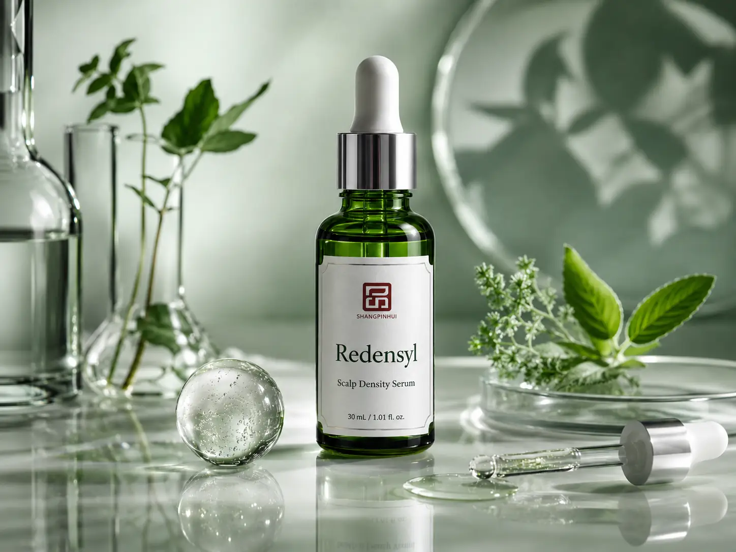 Redensyl scalp density serum with laboratory glassware for private label hair growth support product development