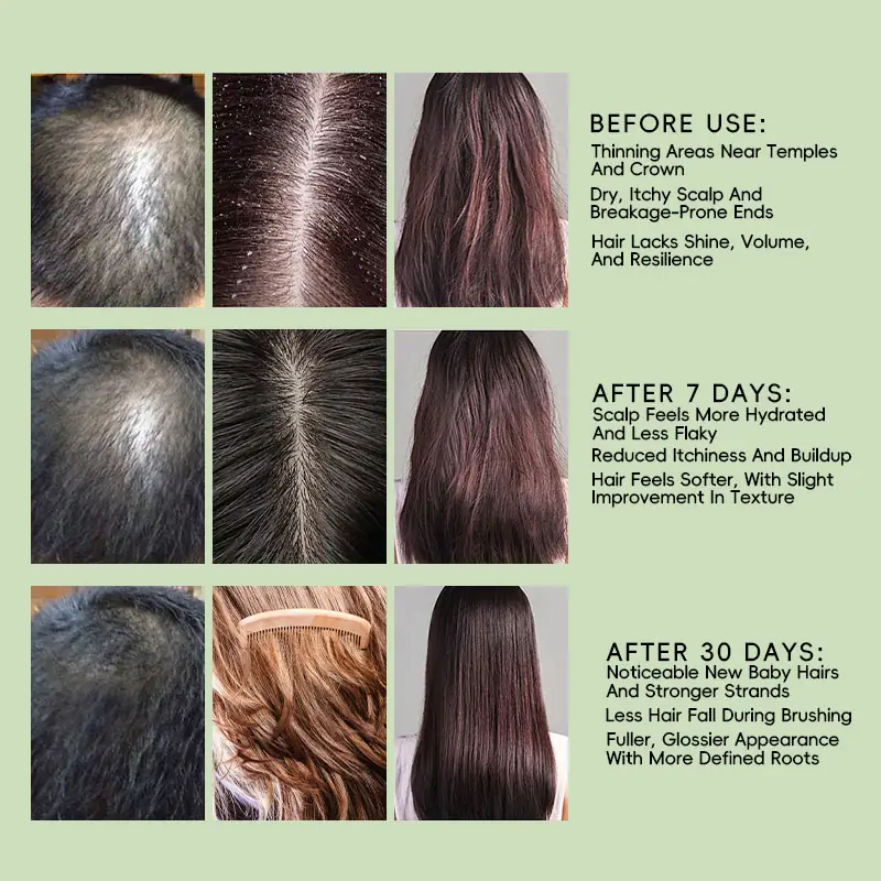 Before and after use concept for rosemary biotin hair growth oil showing scalp comfort stronger roots and fuller looking hair