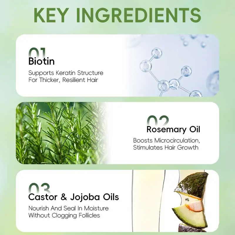Key ingredients for rosemary biotin hair growth oil with biotin rosemary oil castor oil and jojoba oil
