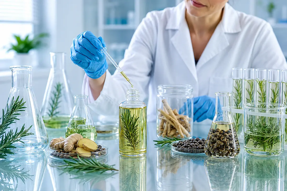 Cosmetic scientist developing rosemary hair oil formula with botanical extracts, carrier oils, and lab glassware