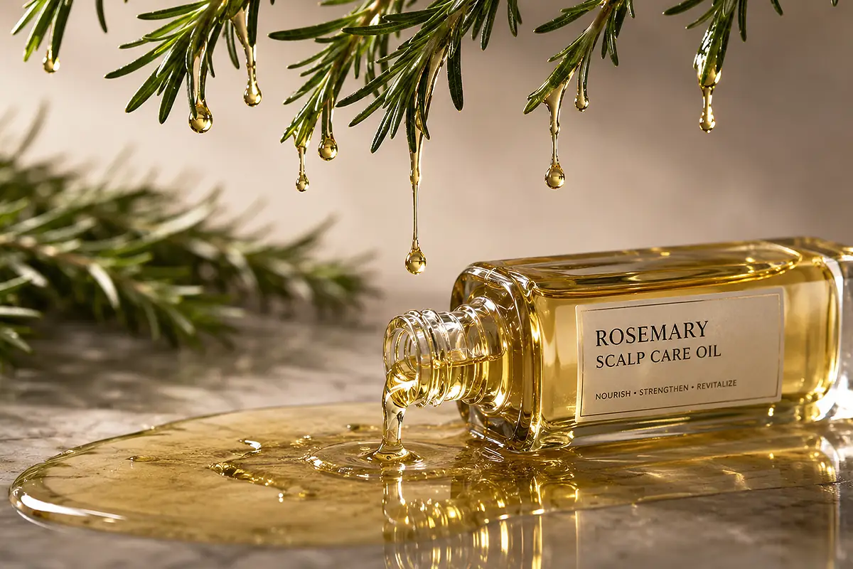 Rosemary scalp care oil bottle with golden oil texture, rosemary branches, and botanical hair care product concept