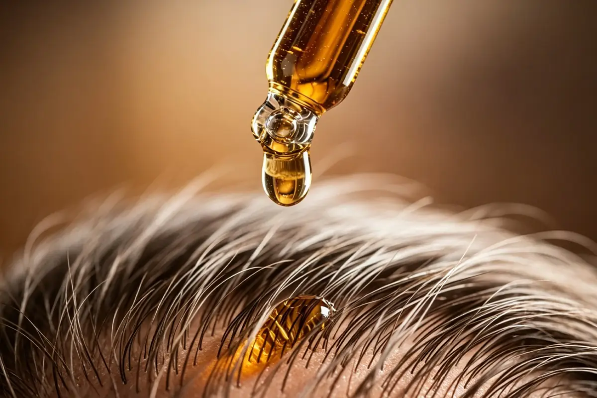 Golden scalp oil applied with a dropper for private label hair growth oil and scalp care formulas