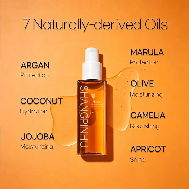 Seven naturally derived oils for private label hair oil with argan coconut jojoba camellia marula olive and apricot oils