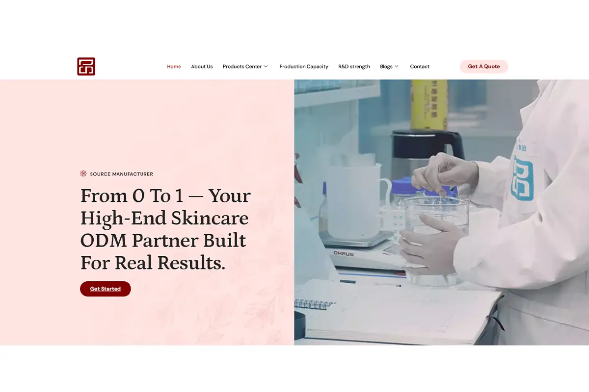Screenshot of Shangpinhui Biotechnology official website showing private label skincare and OEM ODM serum manufacturing capabilities