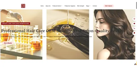 BeautyOEM website screenshot showing Shangpinhui private label hair care OEM and ODM manufacturing support for global beauty brands
