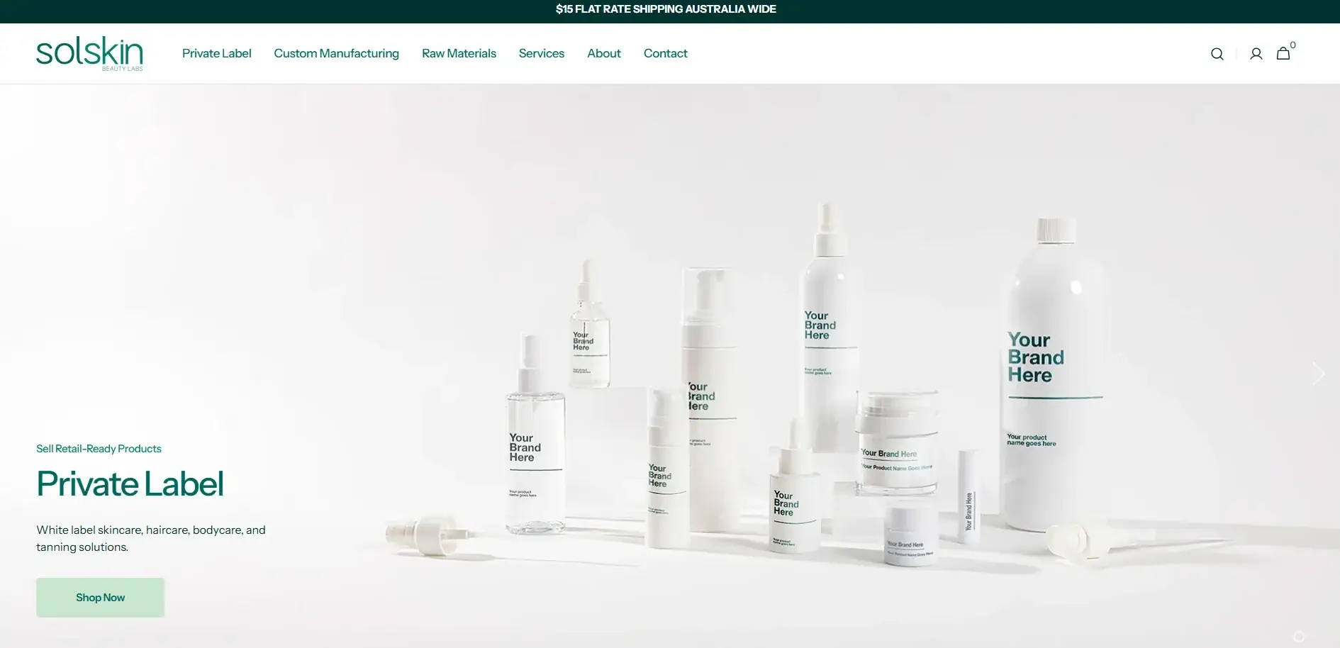 Solskin Beauty Labs website screenshot showing private label skincare, tanning, body care, and salon beauty products