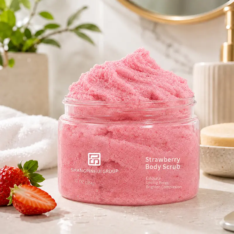 Private label strawberry body scrub jar in bathroom scene for exfoliating body care