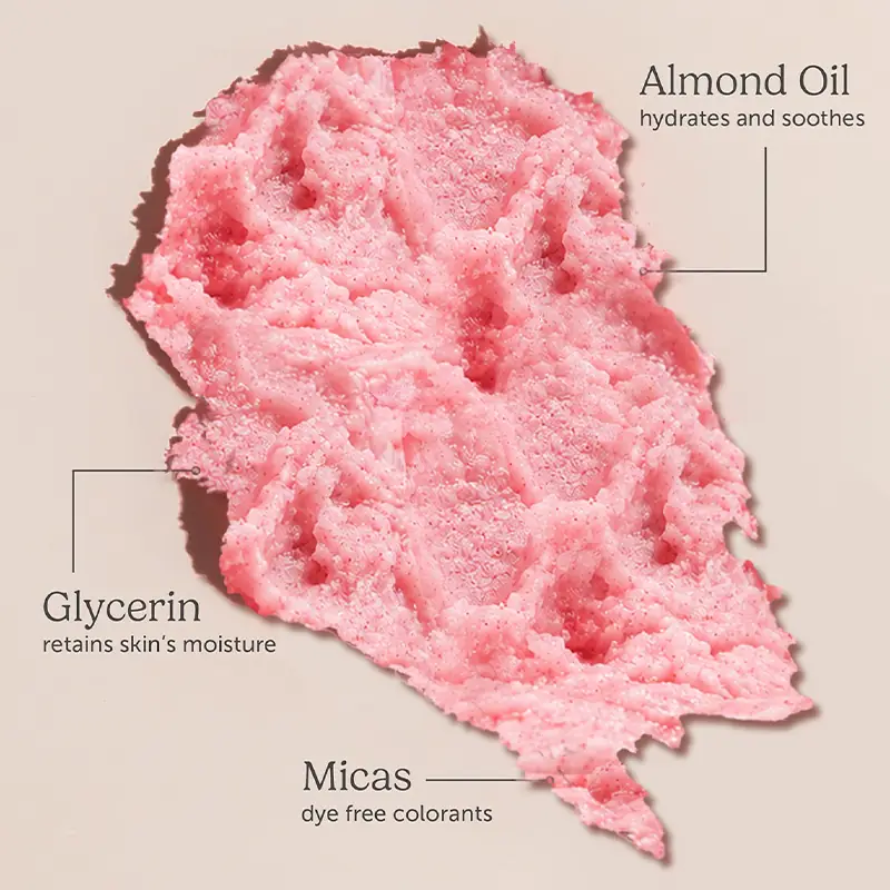 Strawberry body scrub texture with almond oil glycerin and mica colorant story