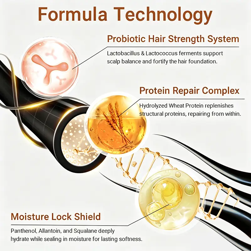 Strengthening conditioner formula technology with probiotic hair strength system protein repair complex and moisture lock shield