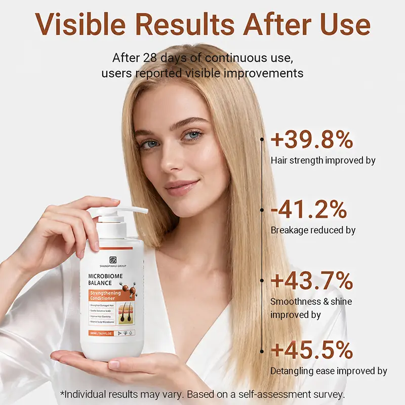 Visible results after use for strengthening conditioner with hair strength breakage smoothness shine and detangling benefits