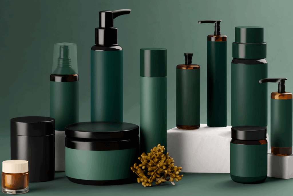 Green private label cosmetic product set with skincare bottles, jars, pumps, and body care packaging for Australia cosmetic manufacturer guide